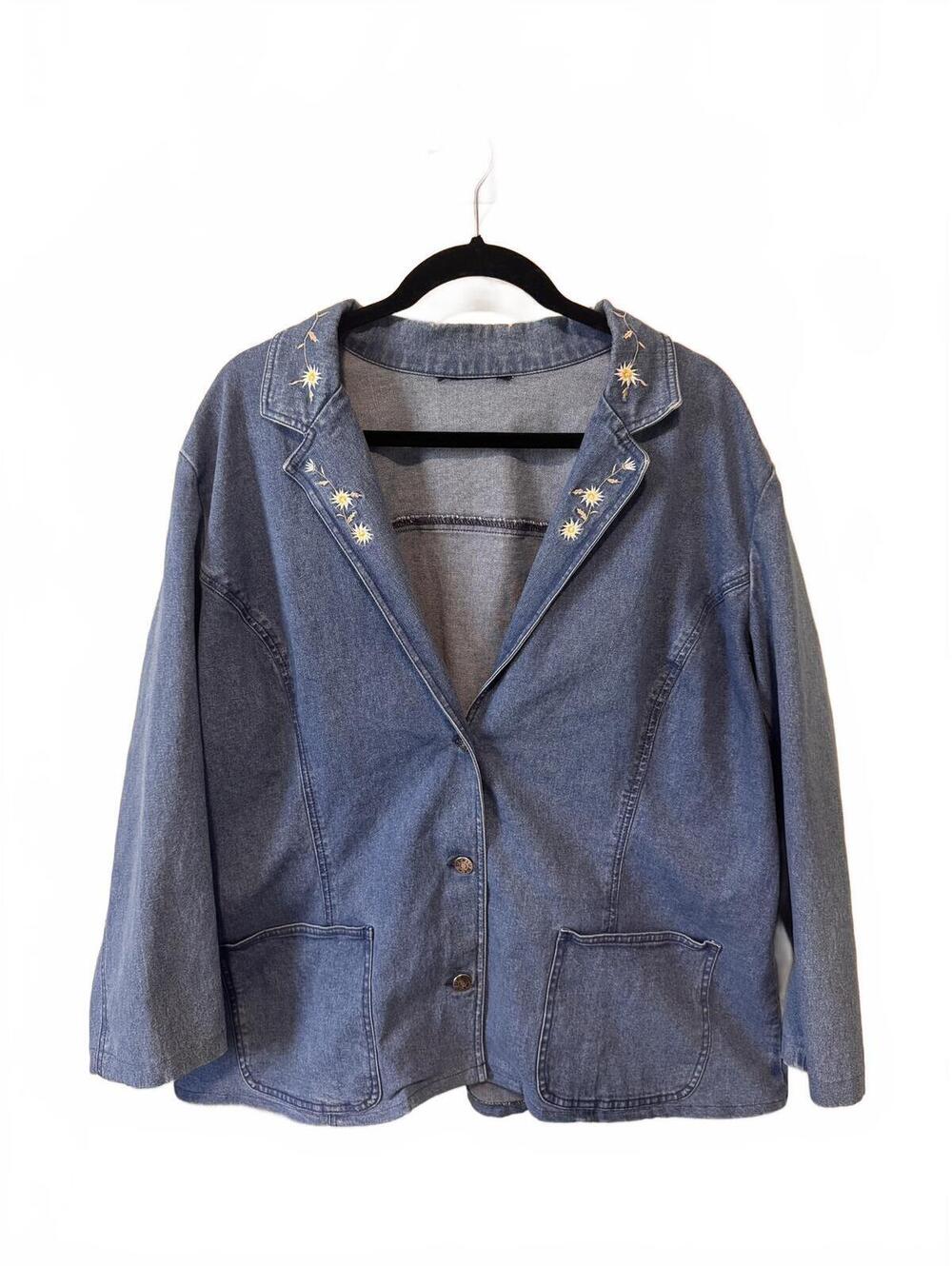 Denim & Co XL Oversized Cottagecore Blue Embroidered Floral Blazer Whimsical